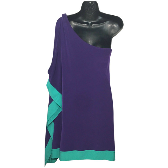 NEW Cache Women's One Shoulder Stretch Sz Medium Purple Green Mini Dress - Picture 2 of 6